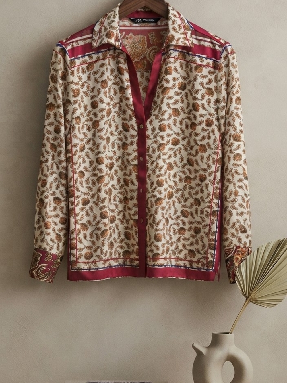Zara Cream Paisley Blouse with Burgundy Trim